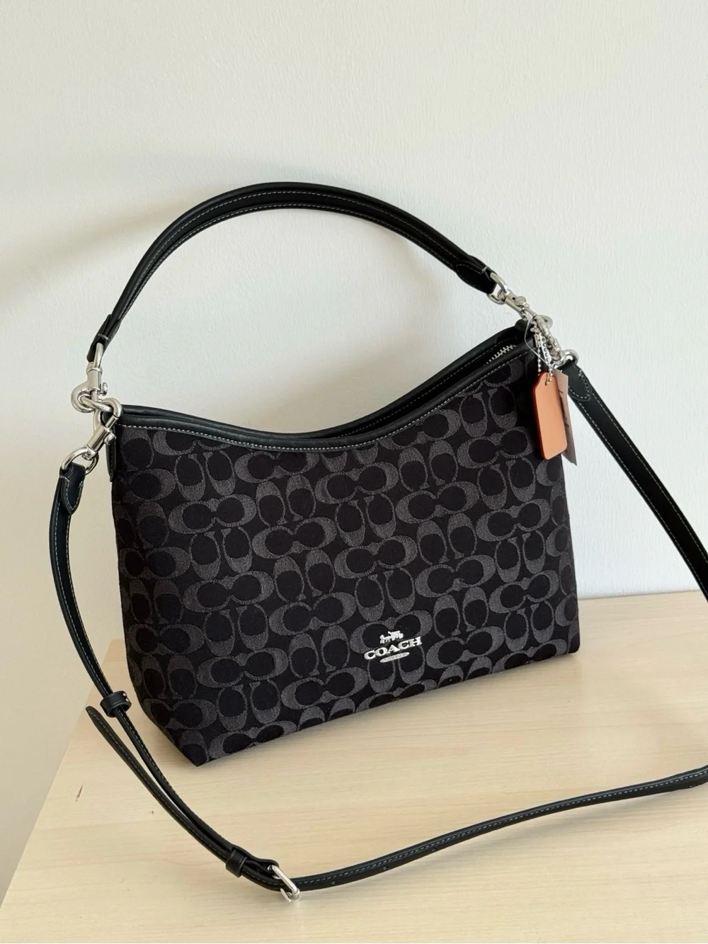 Coach Black Signature Jacquard Shoulder Bag with Tan Tag